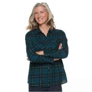 Croft & Barrow Womens Large Blue Green Plaid Button Up‎ Shirt Cabincore Shimmer